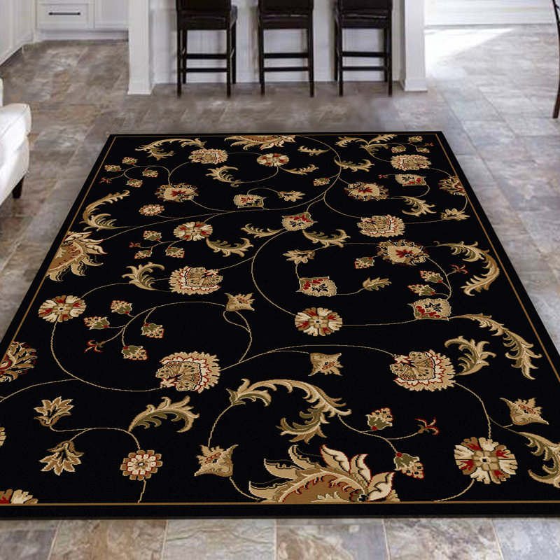 Nordin Traditional Black Floral Oriental Area Rug, Rectangle 7'9" x 11'