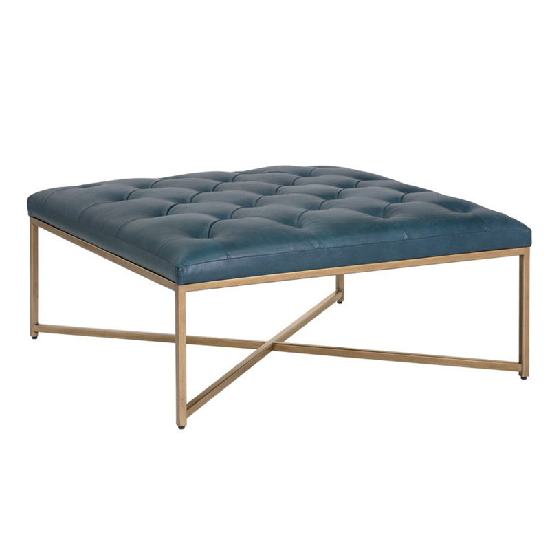 Repose-pieds de cocktail carré en cuir véritable capitonné Osa, Cuir véritable paon