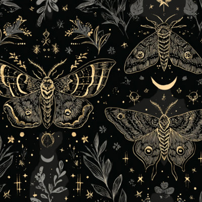 Peel and Stick Wallpaper Moth Butterfly Botanical Gold Line Art Black Celestial Boho Nature Contact Paper Removable Self Adhesive Wall Mural Wall Decor for Bedroom Kitchen Cabinets 17.7in x 118in