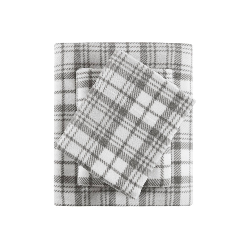 Micro Fleece Sheet Set, Queen Sheet Set with 2 Pillowcases, Gray Plaid