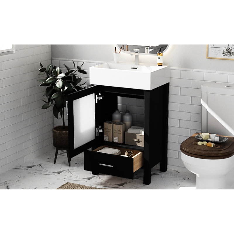 Meuble-lavabo de 20,51 po avec pieds en bois massif, lavabo en céramique, charnières, rangement compact de 20 po au design moderne, porte à fermeture en douceur, look minimaliste contemporain
