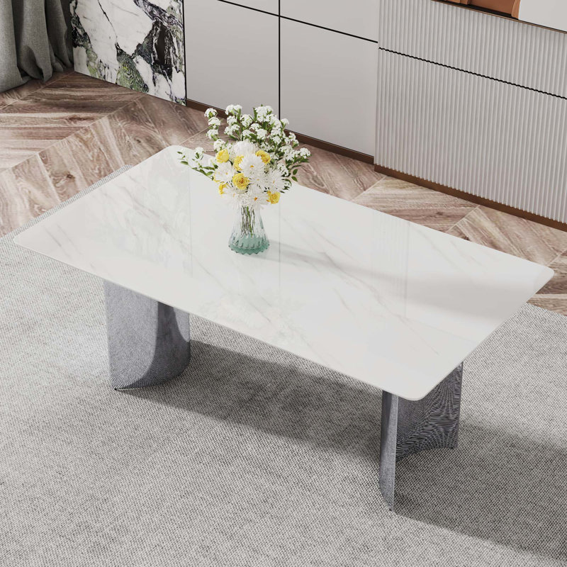 Table de salle à manger en verre marbré (table seulement), Blanc