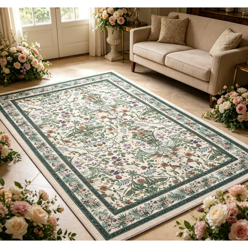 Washable Folding Area Rug - Floral Print, Non-Slip, Easy to Clean, Pet Friendly Carpet for Living Room & Bedroom - Home Decor