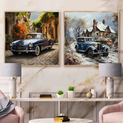 1930S And 1970S Vintage Car Beauty - Vintage Car Square Collage Set Of 2