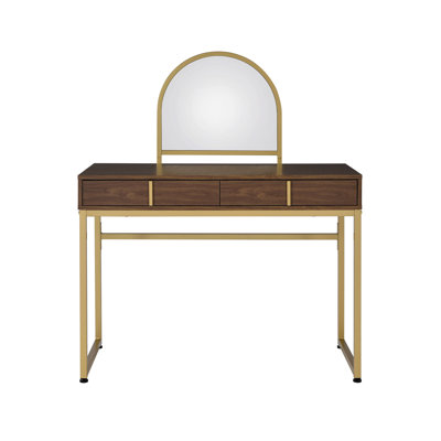 Bureau de meuble-lavabo à finition or noyer avec plateau à bijoux miroir