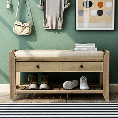 Alexandria Wood Storage Bench, Shoe Rack with Cushioned Seat and Drawers, Multipurpose Entryway Storage Bench