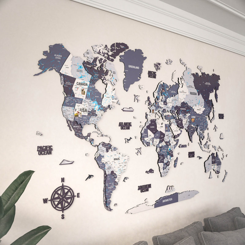 3D Wooden World Map – Multicolor UV Printed Wall Art, Modern Home & Office Decor, 59.1" H x 94.5" W x 0.4" D, Nimbus