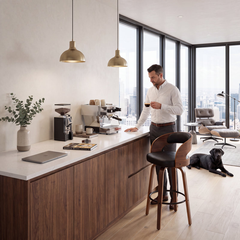 Tabouret de comptoir pivotant moderne de 26 po avec cadre en bois cintré, Noir