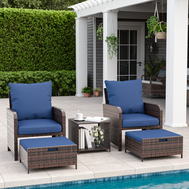Idamarie Wicker Conversation Set with Ottoman, Blue, Brown