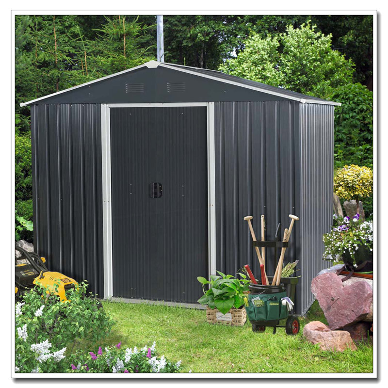 Remise de rangement extérieure en métal 8 pi x 6 pi avec base en métal, noir, Noir, H 64 po x l 89 po x P 75 po