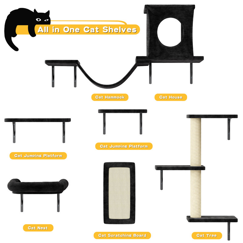 Galiya 6 Pcs Cat Tree Shelves/ Wall-Mounted Cat Climber Set, Cat Bed, Hammock, Black