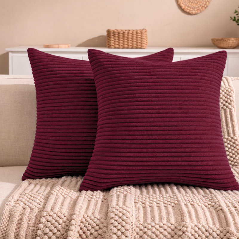 Aspire Homeware Striped Square Velvet Cushion Cover, Red, Pack of 2