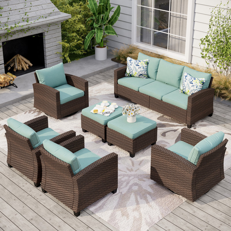 9 - Person Outdoor Wicker Patio Conversation Furniture Set with Swivel Chairs, Blue, No