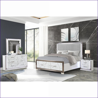 Ensemble de chambre à coucher grand lit 4 pièces, blanc neige avec lumières DEL et amp; Rangement | Bois | Lits standard