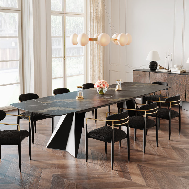 Moiser 78.8" to 110.2" Extendable Dining Table For 10-12 with Sintered Stone Top, Matte Black Gold Sand