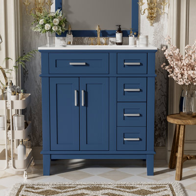 Meuble-lavabo de 30 po avec lavabo en céramique, armoire de rangement moderne avec portes à fermeture douce, tiroir profond et tiroir standard, meuble-lavabo élégant pour les petites salles de bain
