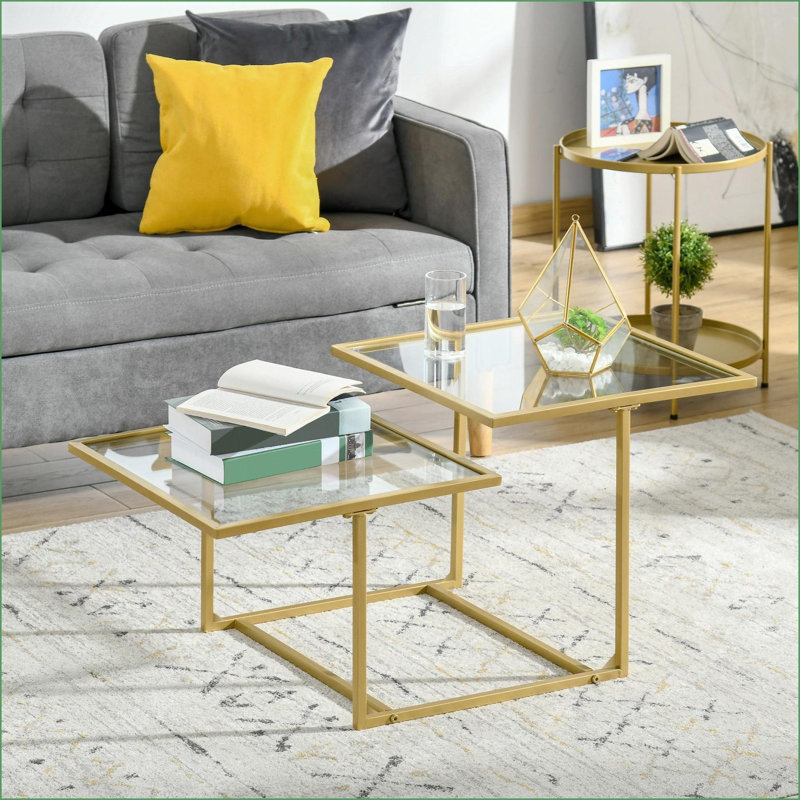 Table basse en verre trempé doré à deux hauteurs - facile à nettoyer et amp; Stable pour le salon