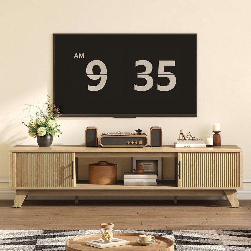 70" Mid Century Modern TV Stand for 75" TV, Modern Entertainment Center with Fluted Storage Cabinet & Open Shelf , Oak