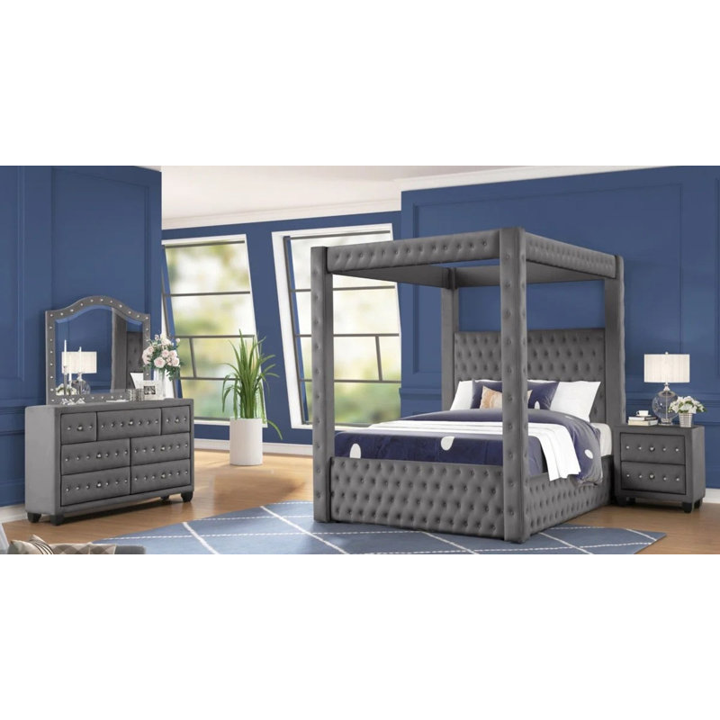 Ensemble de chambre à coucher à baldaquin 4 pièces Janeece, Très grand, gris