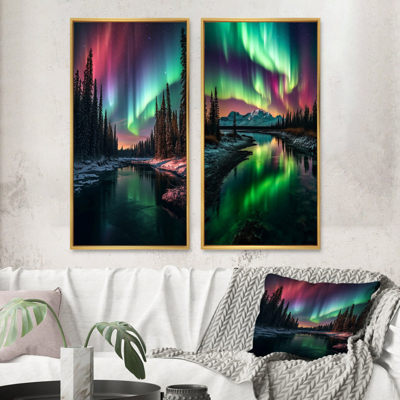 «Yukon Northern Lights Beauty», 2 pièces, H 32 po x l 32 po, Encadrement doré