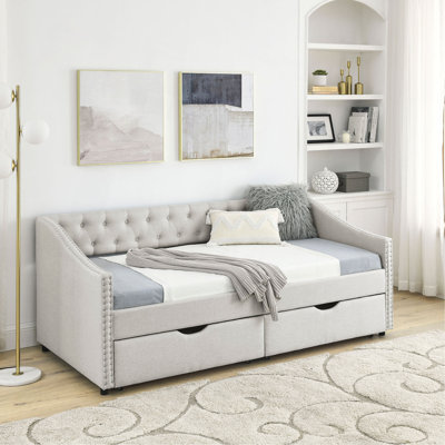 Twin Size Daybed With Drawers Upholstered Tufted Sofa Bed, With Button On Back And Copper Nail On Waved Shape Arms