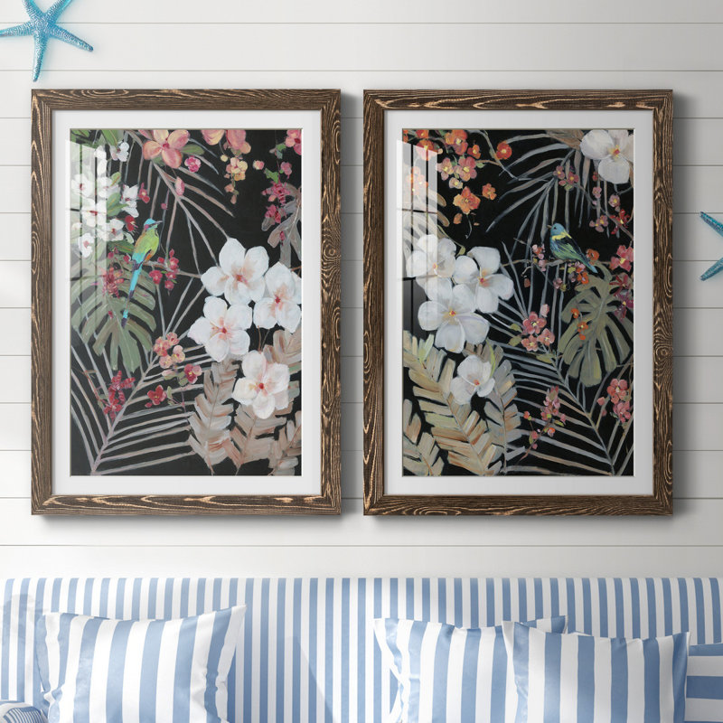 Tropical Midnight I - ensemble de 2 reproductions d'art, H 31,5 po x l 47 po x P 1,5 po, Papier, cadre noyer, Blanc