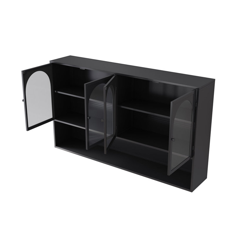 Four-Door Glass Wall Cabinet Storage, Black