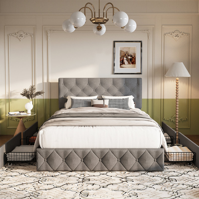 Grey Queen Upholstered Platform Bed with 4 Storage Drawers