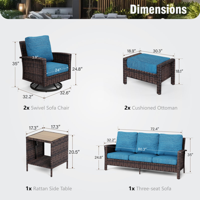 Outdoor Wicker Patio Conversation Furniture Set, Peacock Blue