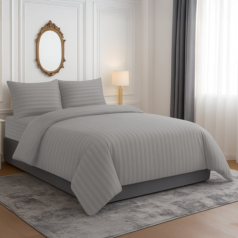 Microfiber Striped Duvet Cover Set with Matching Pillowcases and Stripe Fitted Sheet, Silver