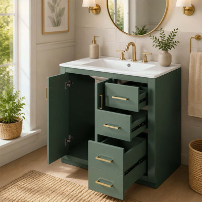 Meuble-lavabo de salle de bain de 76 cm (30 po) avec lavabo en céramique, cadre en bois, armoire de rangement autoportante avec 3 tiroirs et portes à fermeture douce