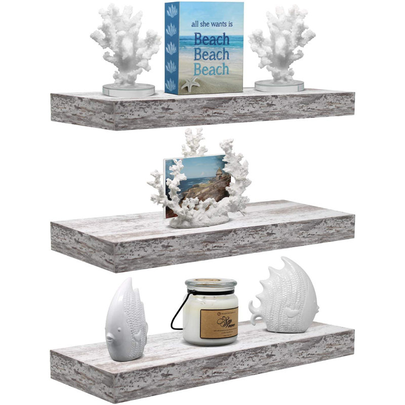 White Rustic Wood Floating Wall Shelves Set of 3