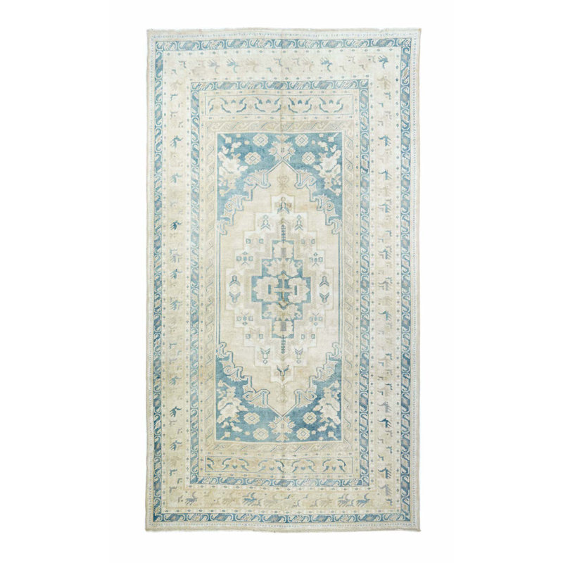 Tapis gris / bleu en laine noué à la main de conception unique 5 pi x 9 pi 3 po