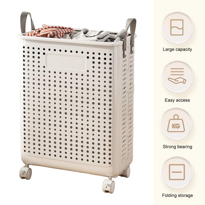 Foldable Laundry Hamper With Wheels And Handle, Collapsible Rolling Laundry Basket, Versatile Portable Storage Basket For Laundry/Bathroom White M