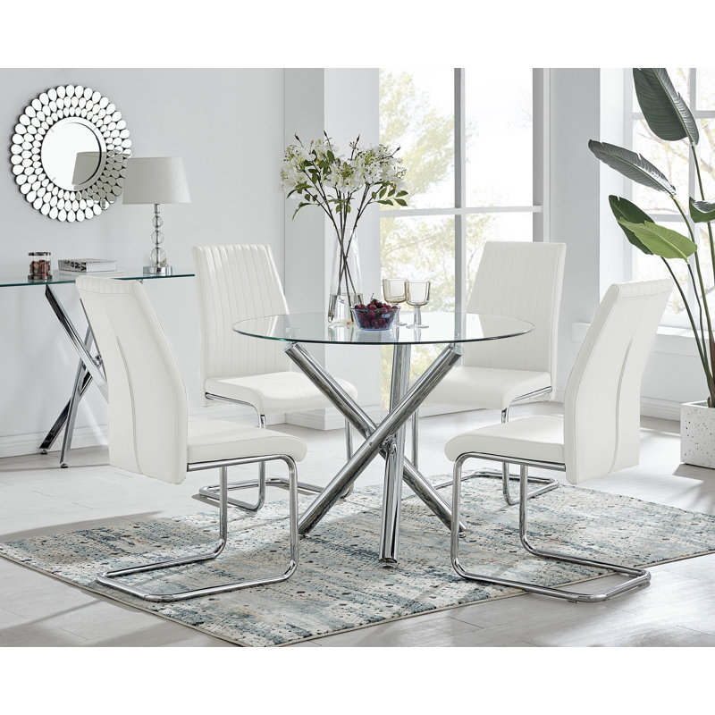 Seline Modern Round Dining Table Set in Glass and Chrome with 4 Upholstered Faux Leather Chairs, White