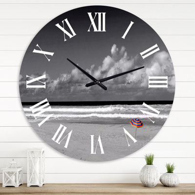 Monochrome Coastline Under Cloudy Sky - Lake House wall clock