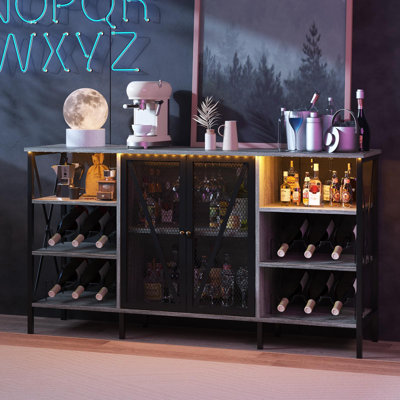 55 Inch Farmhouse Wine Bar Cabinet with Led Light, Industry Coffee Bar with Wine Rack and Glass Holder, Metal Sideboard and Liquor Cabinet with Mesh D by Ivy Bronx