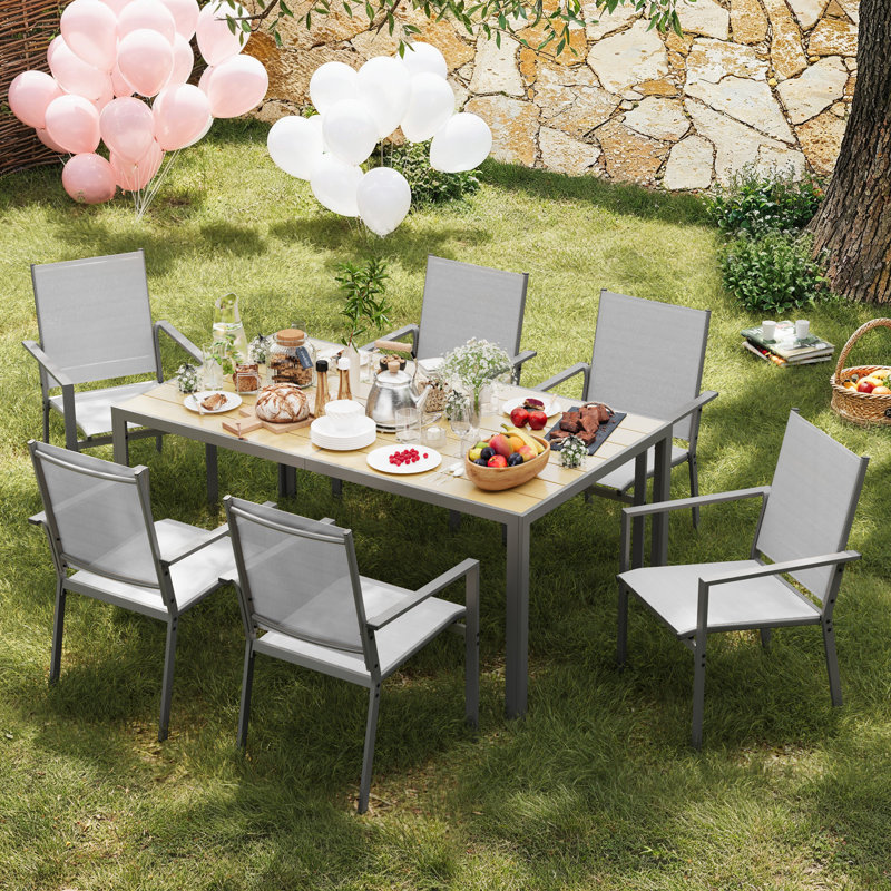 Ensemble de salle à manger d'extérieur 7 pièces, table de salle à manger rectangulaire avec trou pour parasol et 6 fauteuils empilables, chaises en tissu textilène toutes saisons pour la cour, le jardin et la terrasse