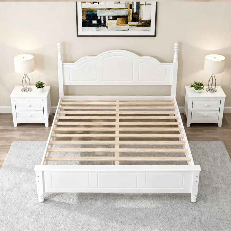 Ensemble de chambre à coucher 3 pièces, lit plateforme avec deux tables de chevet, Grand lit, Blanc