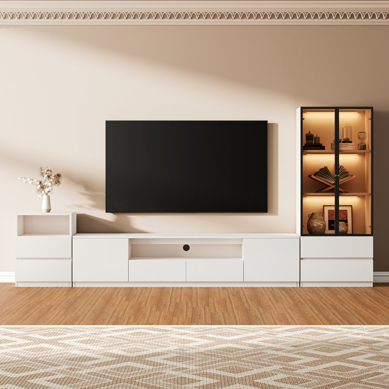 122'' Modern Entertainment Center with Storage for 55/65/75 Inch TV, TV Stand, Chest of Drawers and 3-tier Glass Display Cabinet, Wooden Media Console Set of 3 for Living Room, White
