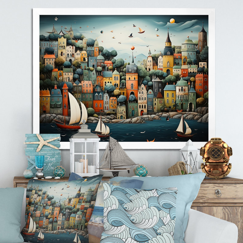 Coastal Dream Harbor Hues - Imprimé, H 16 po x l 32 po x P 1 po, Cadre simple blanc