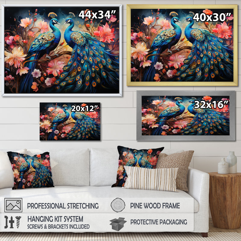 «Blue Coral Indian Art Dancing Peac II» - Art mural indien, H 16 po x l 32 po x P 1 po, Cadre flottant doré