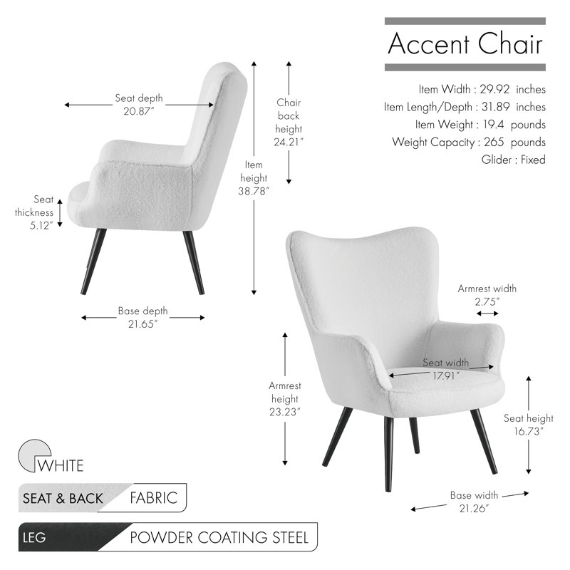 Bathory Fabric Wingback Accent Chair with Steel Legs, White