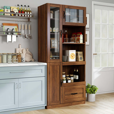 Farmhouse Kitchen Hutch Cabinet with Microwave Stand and Multi-Storage Design