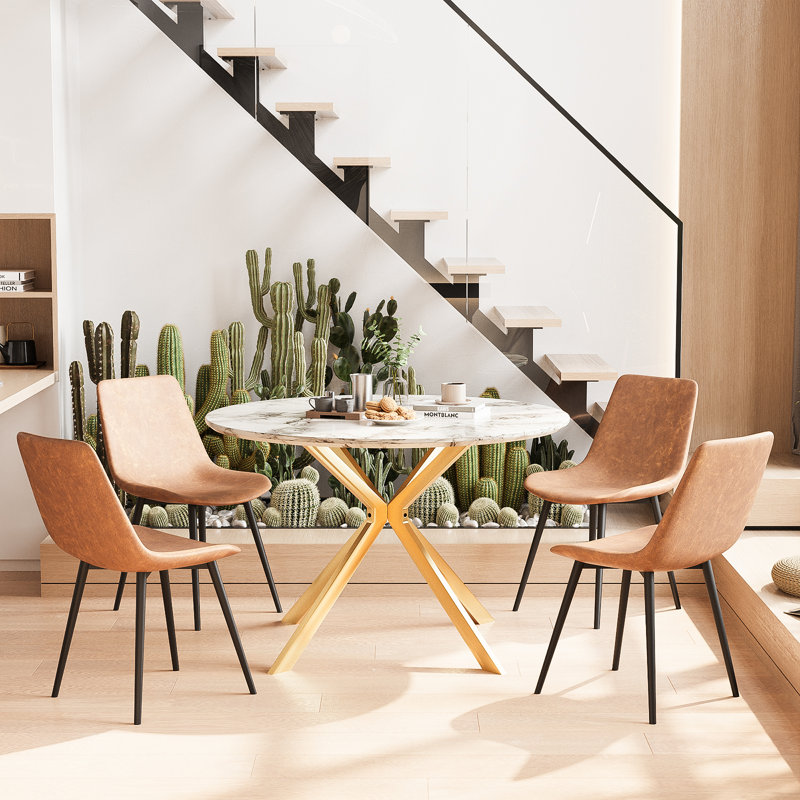 Ensemble de table de salle à manger moderne avec 4 chaises, Brun, Blanc, Or