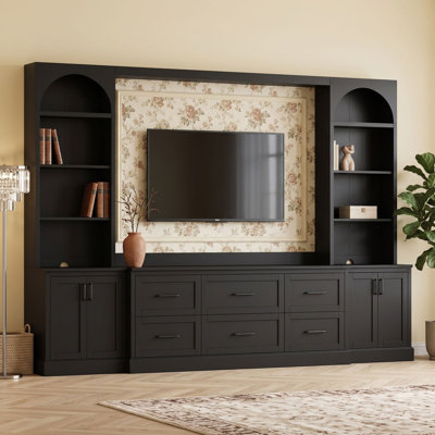 Arched Entertainment Center Wall Unit with 6 Drawers, Adjustable Shelves, Cabinets and Cable Holes