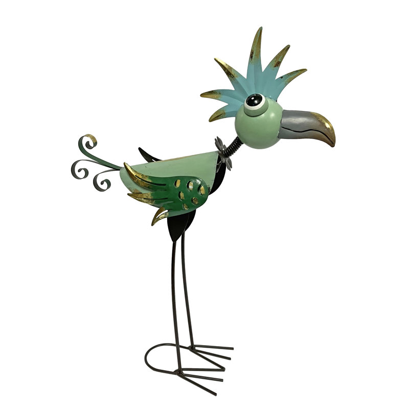 Statue de jardin oiseau tropical bleu et vert en métal Toucan