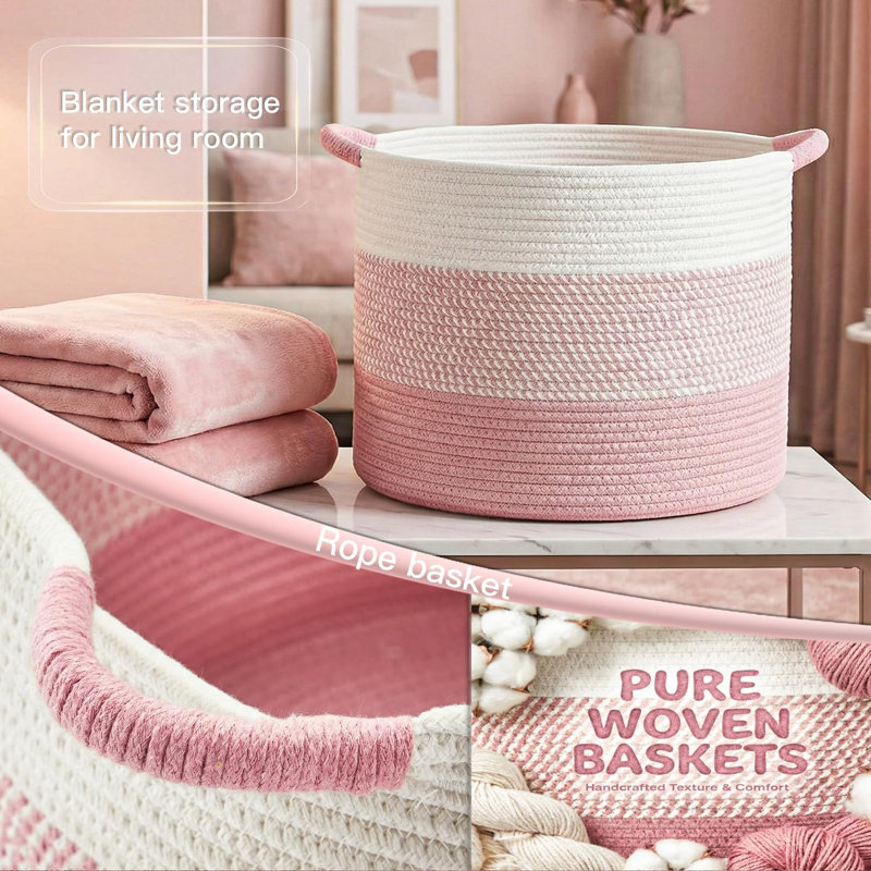 Grand panier en corde de coton 70L, rangement pour couverture décorative en tissu pour le salon