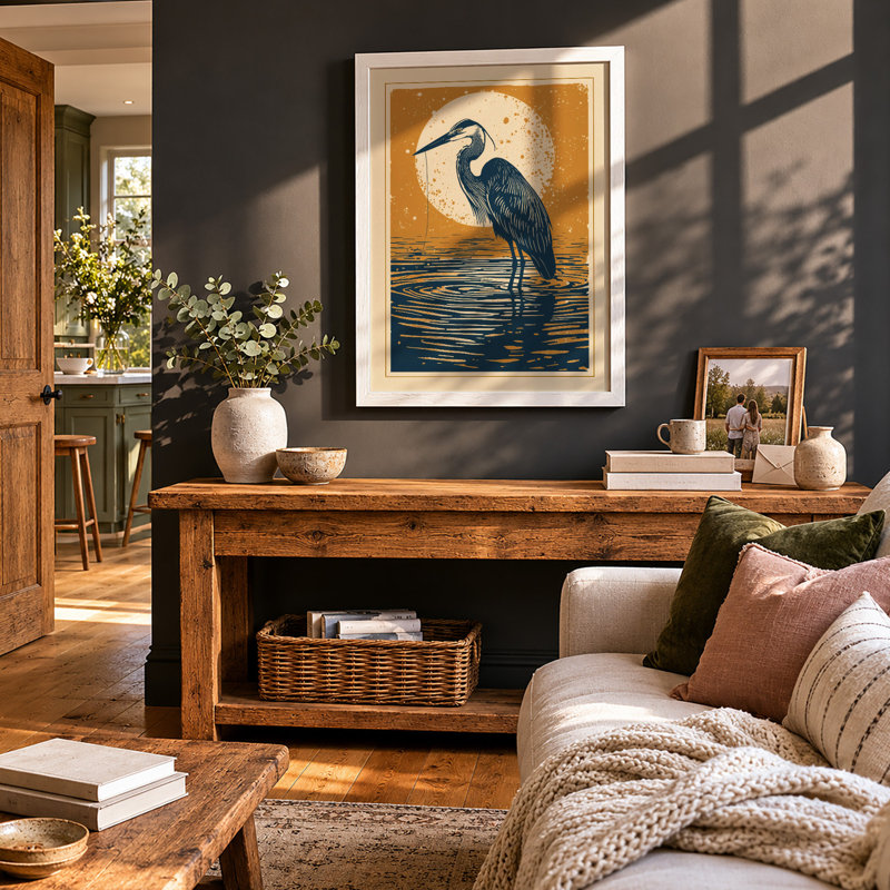 Moonlit Heron Japandi - Framed Print, A4 - 29.7 x 21.0 cm, White