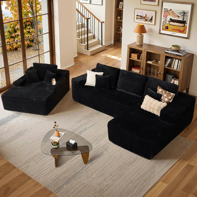 Divan-lit modulaire Co², canapé convertible pour le salon, Face à la droite, Peluche noire